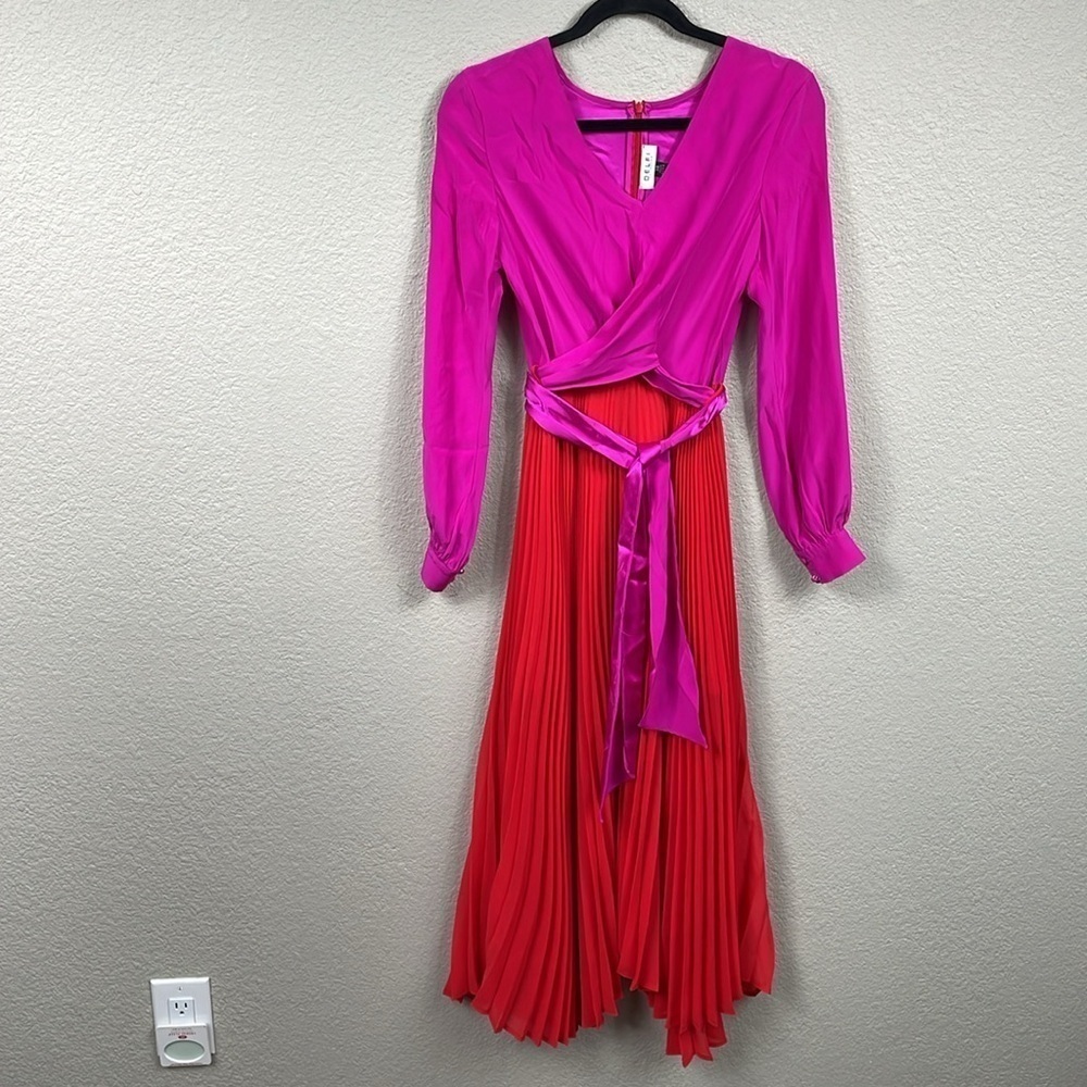 DELFI Collective Camille Dress Pink Red Long Sleeve Pleated Midi Sz XS - Picture 3 of 16